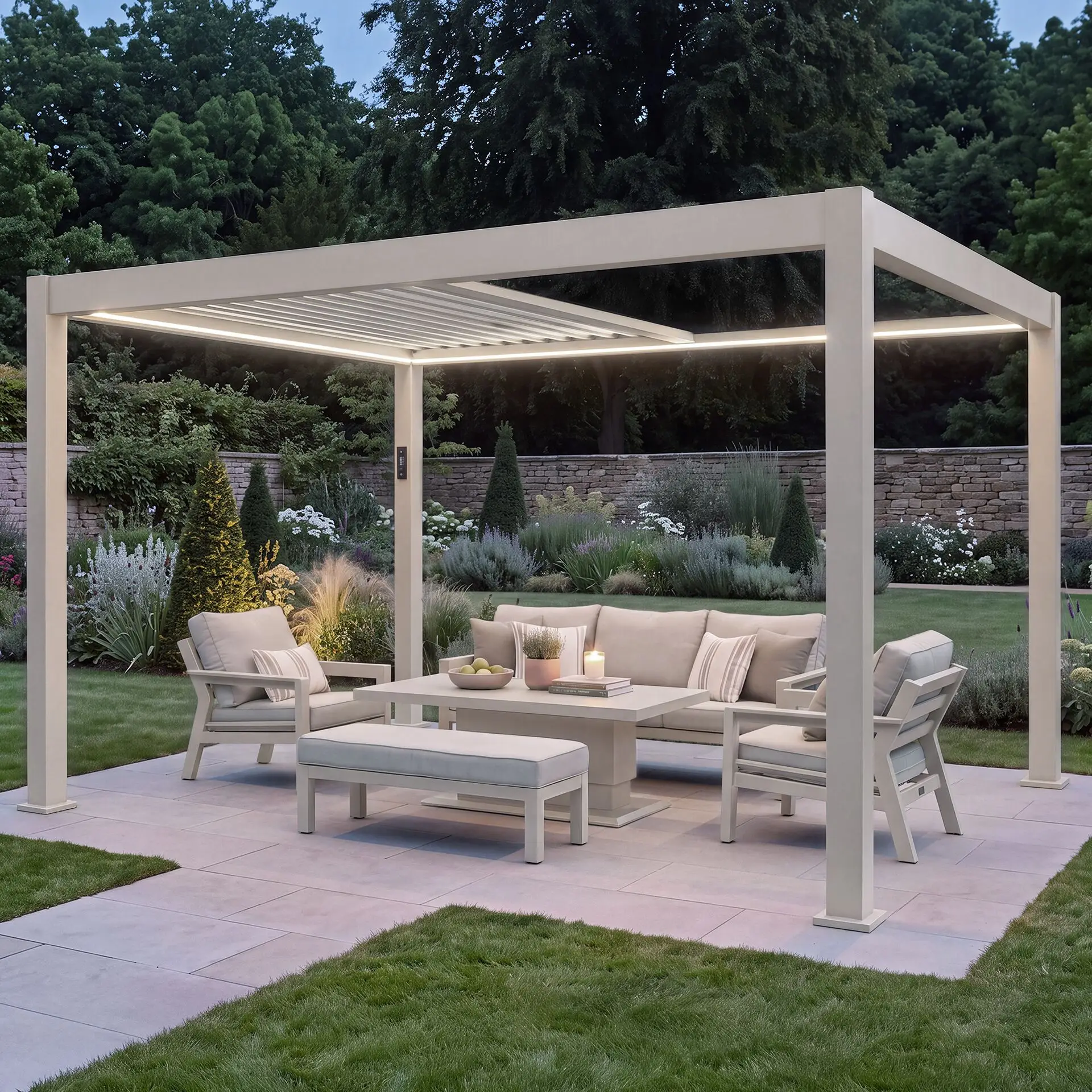 Aurora 3m x 4m Aluminium Retractable Roof Pergola with Solar Charging LED Lights - Latte