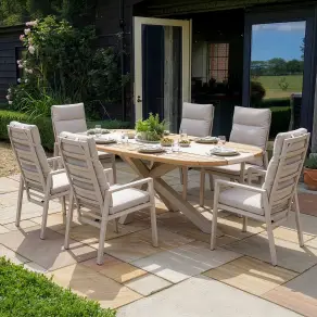 Sicily Teak 6 Seat Dining Set with Valencia Reclining Dining Chairs - Latte