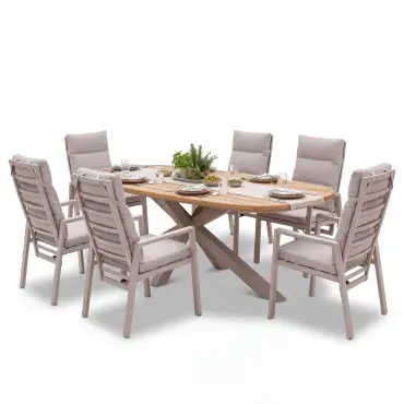 Sicily Teak 6 Seat Dining Set with Valencia Reclining Dining Chairs - Latte