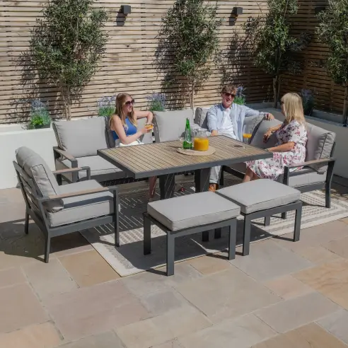 Vancouver Large Aluminium Corner Dining Set - Rectangular Rising Table with 2 Stools & Armchair Vancouver Large Aluminium Corner Dining Set - Rectangular Rising Table with 2 Stools & Armchair