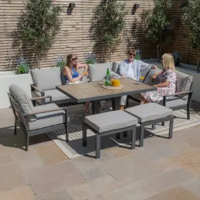 Vancouver Large Aluminium Corner Dining Set - Rectangular Rising Table with 2 Stools & Armchair
