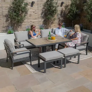 Vancouver Large Aluminium Corner Dining Set - Rectangular Rising Table with 2 Stools & Armchair