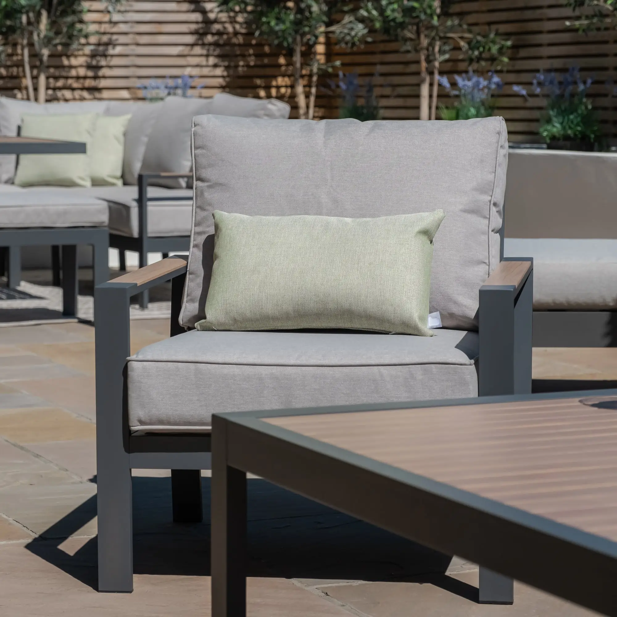 Vancouver Large Aluminium Corner Dining Set - Rectangular Rising Table with 2 Stools & Armchair