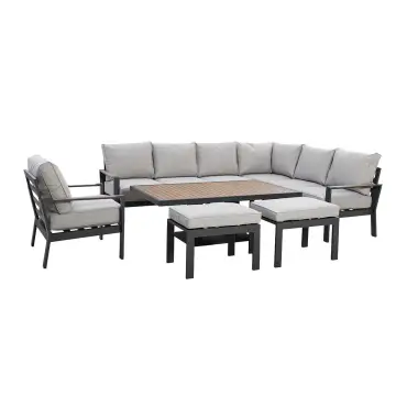 Vancouver Large Aluminium Corner Dining Set - Rectangular Rising Table with 2 Stools & Armchair