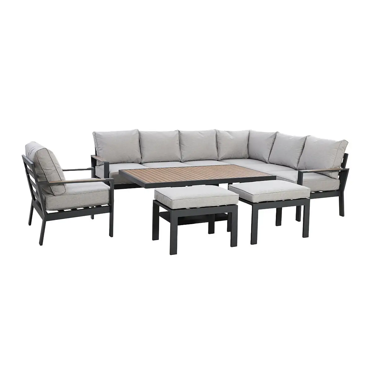Vancouver Large Aluminium Corner Dining Set - Rectangular Rising Table with 2 Stools & Armchair