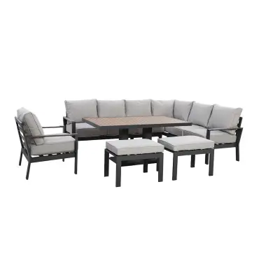 Vancouver Large Aluminium Corner Dining Set - Rectangular Rising Table with 2 Stools & Armchair