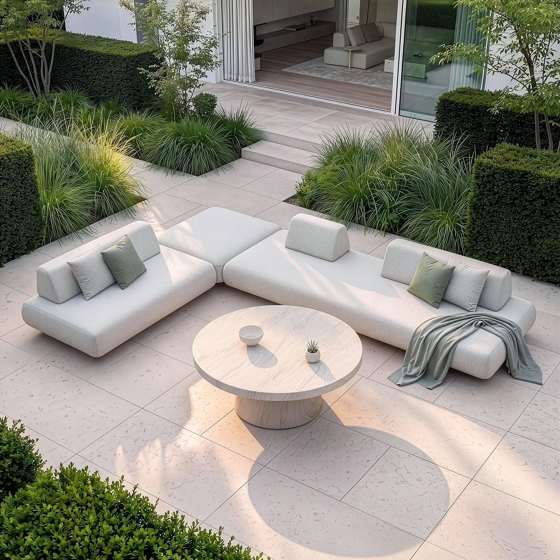 Fabric Cannes Large Corner Sofa Set - Round Marble Effect Coffee Table
