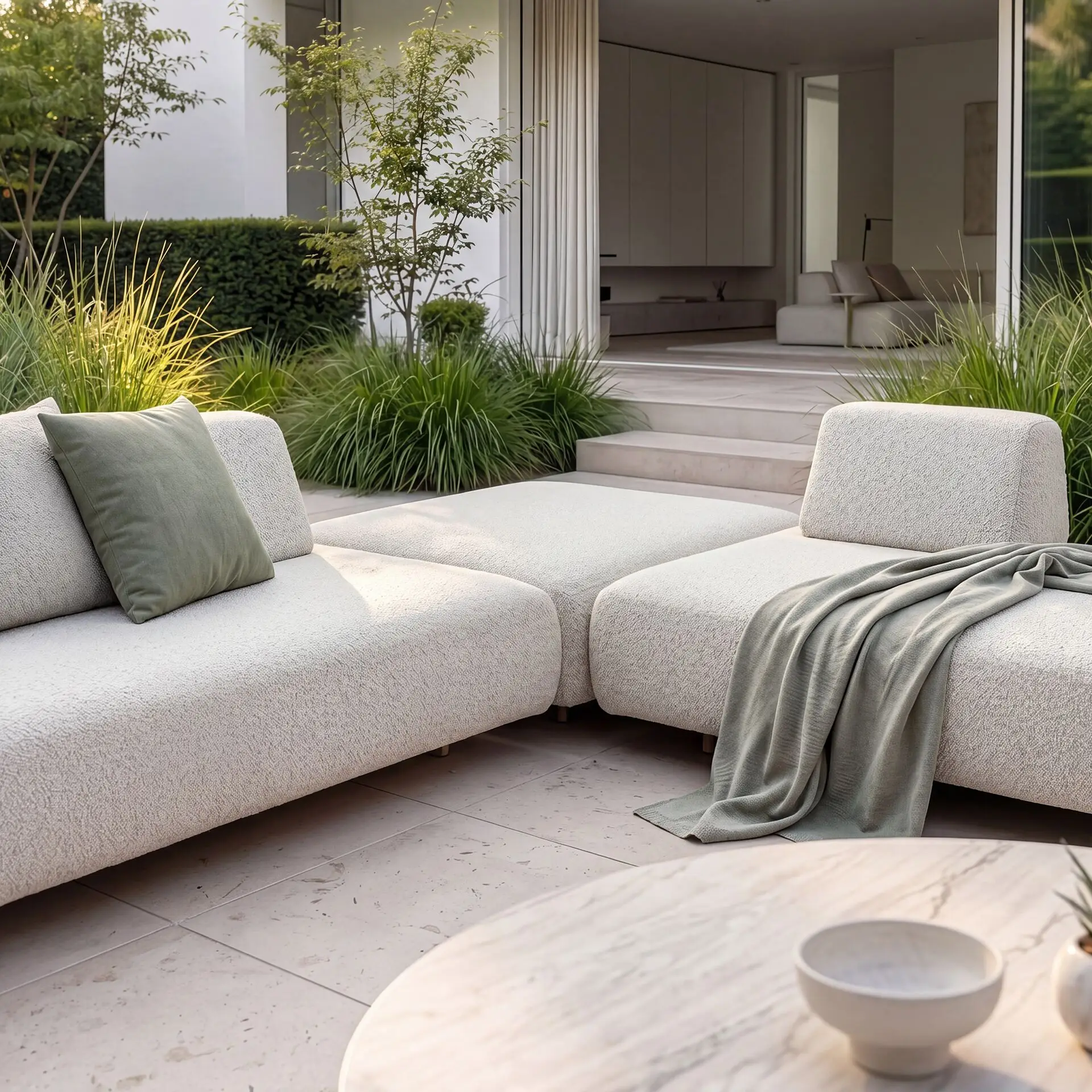 Fabric Cannes Large Corner Sofa Set - Round Marble Effect Coffee Table