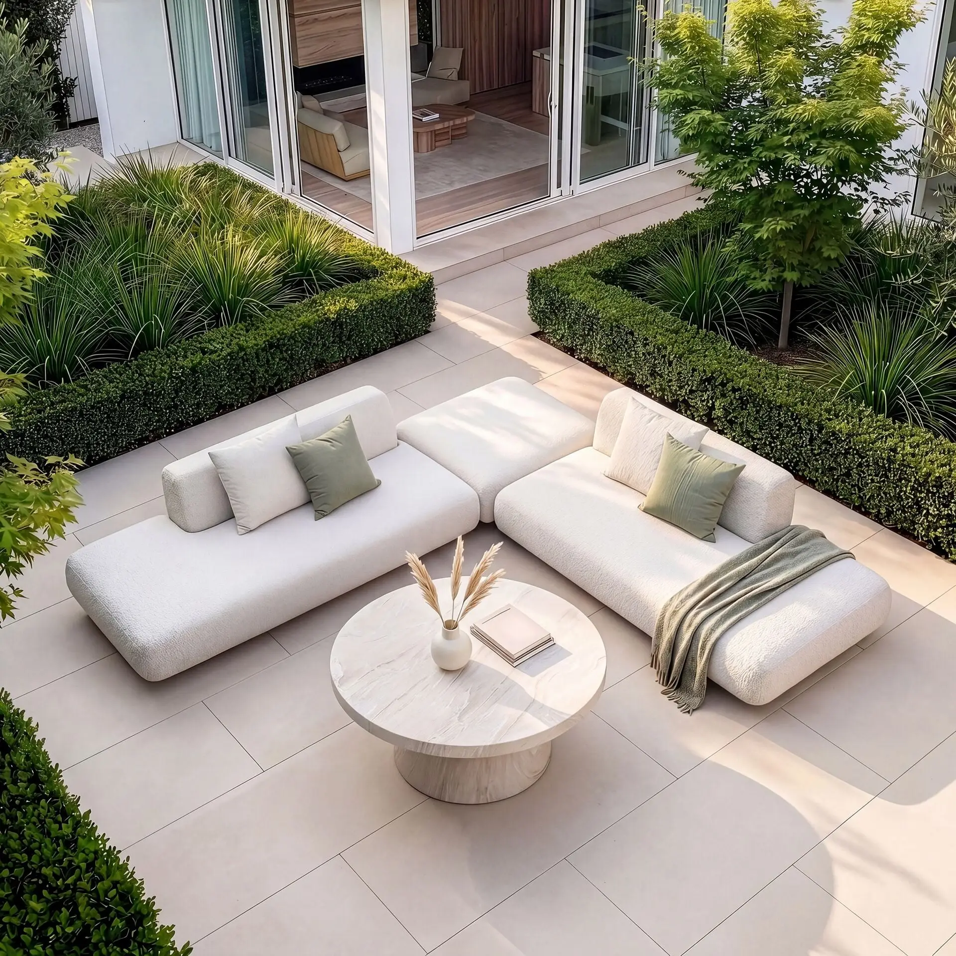 Fabric Cannes Medium Corner Sofa Set - Round Marble Effect Coffee Table