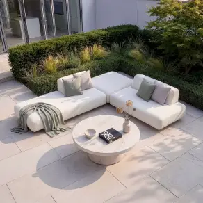 Fabric Cannes Small Corner Sofa Set - Round Marble Effect Coffee Table