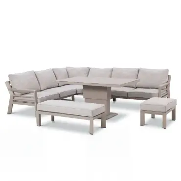 New York Aluminium Corner Sofa Dining Set with Ceramic Glass Rising Table - Latte