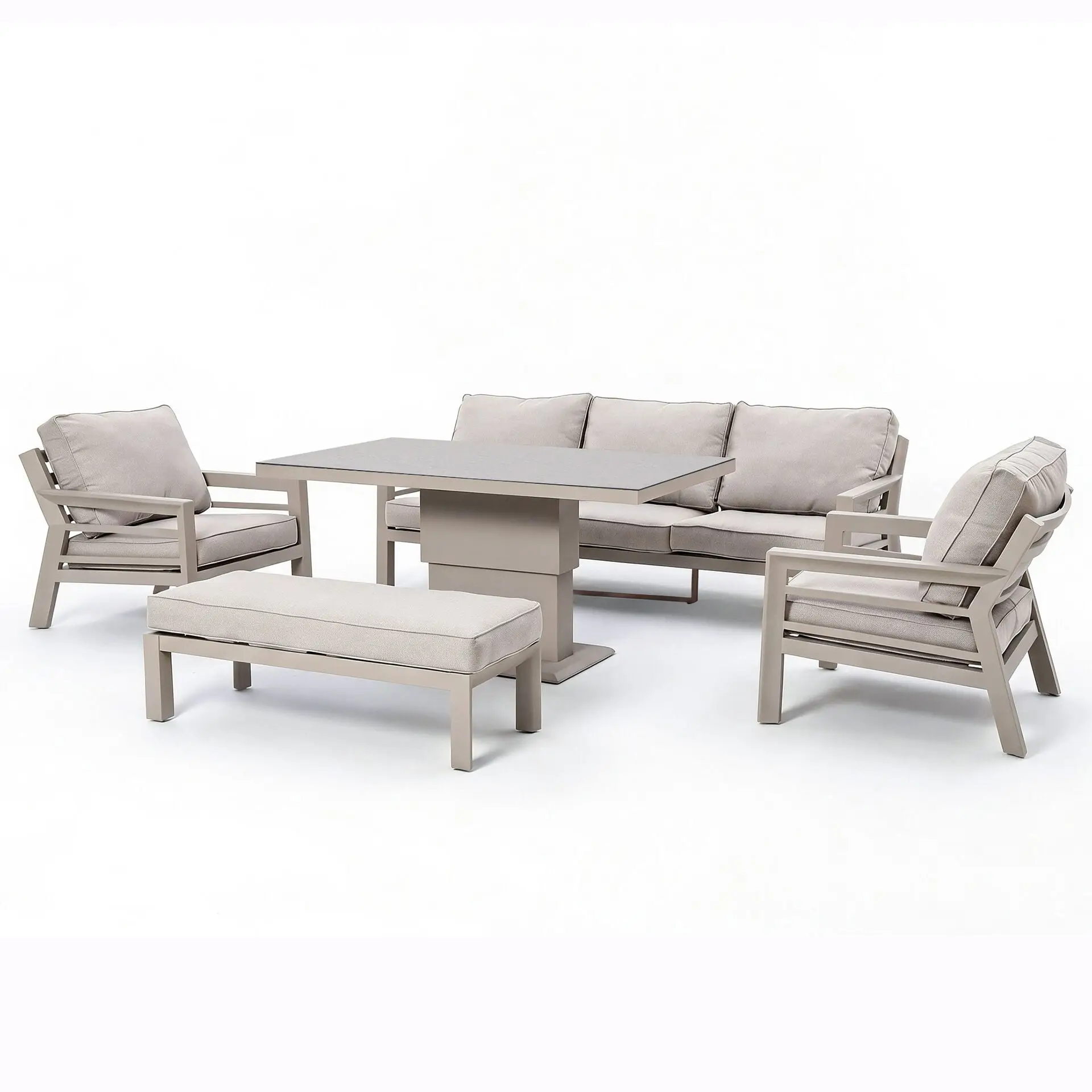 New York 3 Seat Sofa Aluminium Sofa Set with Ceramic Glass Rising Table - Latte