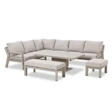 New York Aluminium Corner Sofa Dining Set with Ceramic Glass Rising Table - Latte