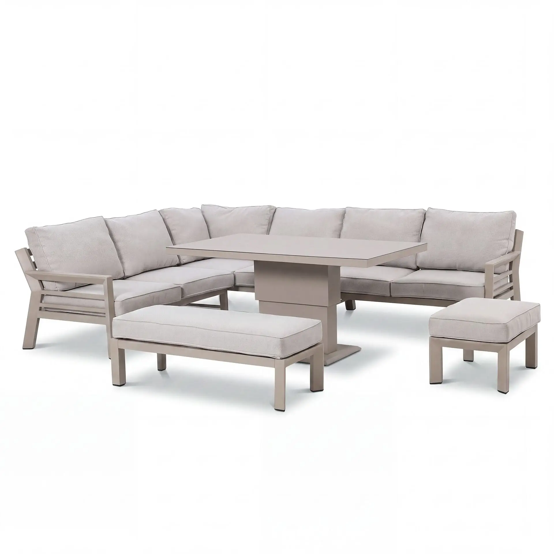 New York Aluminium Corner Sofa Dining Set with Ceramic Glass Rising Table - Latte