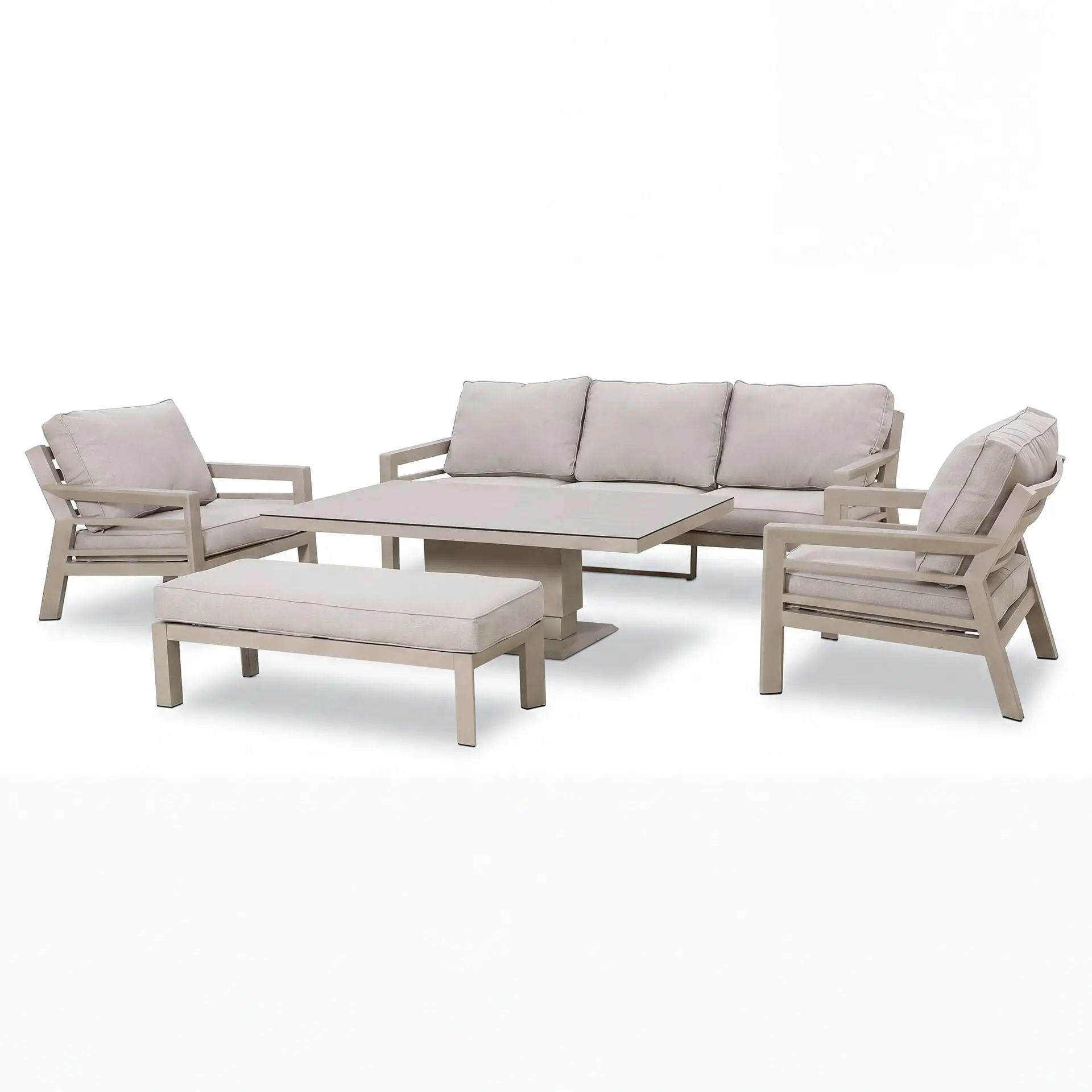 New York 3 Seat Sofa Aluminium Sofa Set with Ceramic Glass Rising Table - Latte