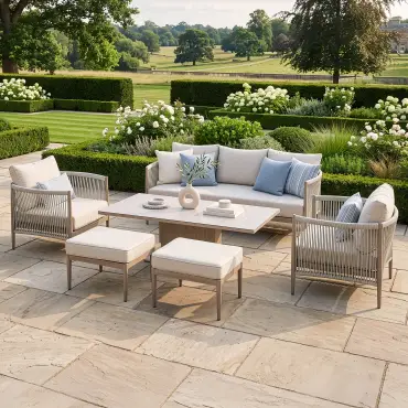 Havana Rope Weave 3 Seat Sofa Dining Set - Rising Table & Footstools