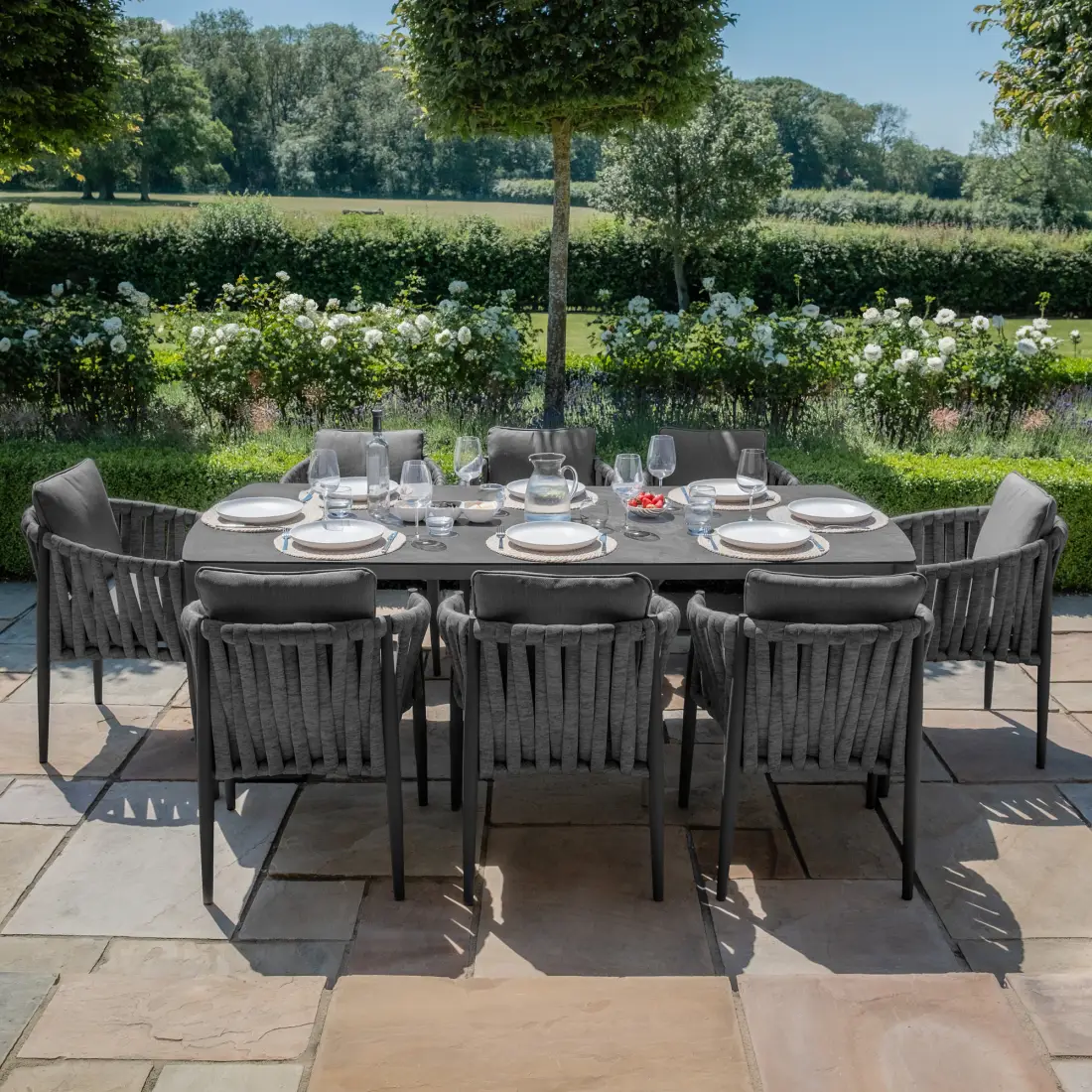 Milan Rope Weave 8 Seat Rectangular Dining Set - Charcoal