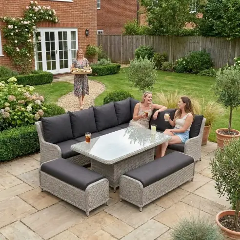 NOVA Avery Grande Right Hand Corner Sofa Lounge Dining Set - Rectangular Rise & Fall Table (Plus) NOVA Avery Grande Right Hand Corner Sofa Lounge Dining Set - Rectangular Rise & Fall Table (Plus)