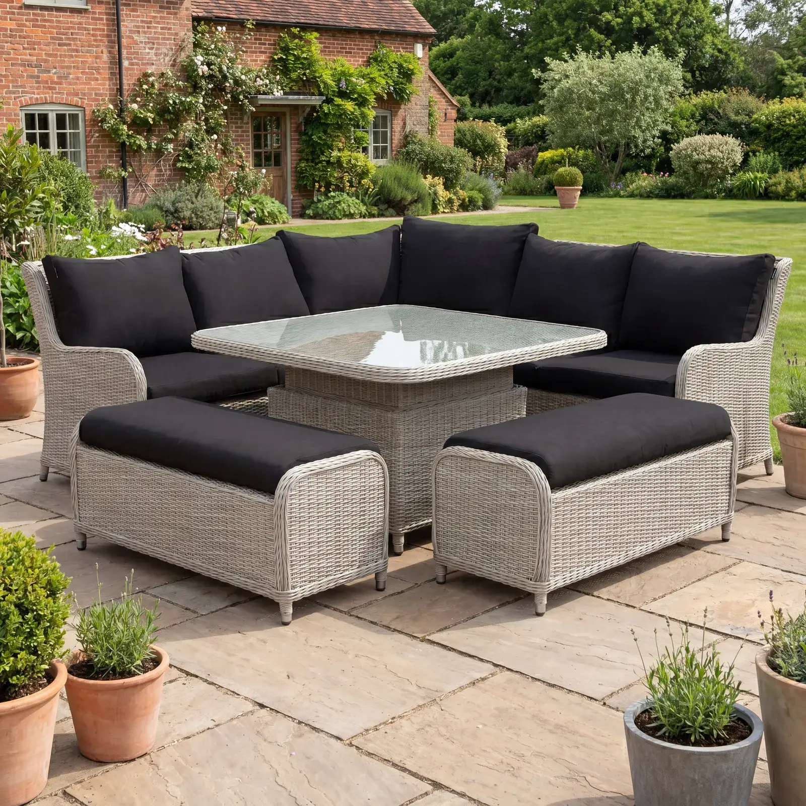NOVA Avery Grande Curved Corner Sofa Lounge Dining Set - Square Rise & Fall Table (Plus)