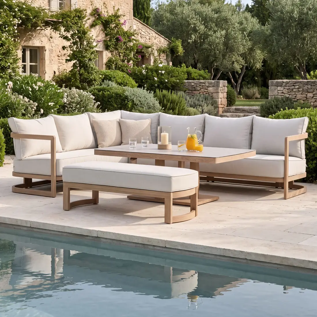 Malibu Rectangular Aluminium Corner Dining Set - Rising Table & Bench Malibu Rectangular Aluminium Corner Dining Set - Rising Table & Bench