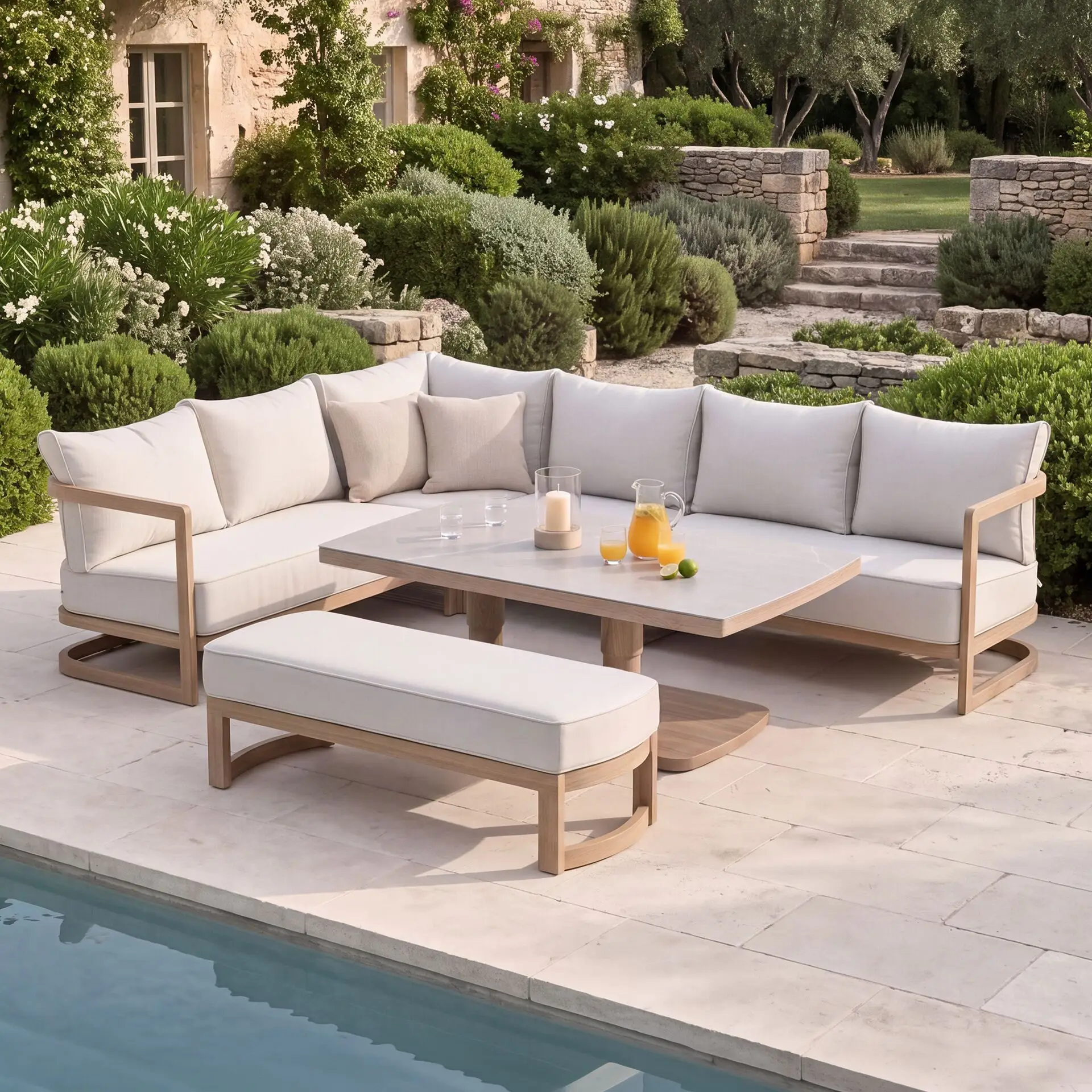 Malibu Rectangular Aluminium Corner Dining Set - Rising Table & Bench