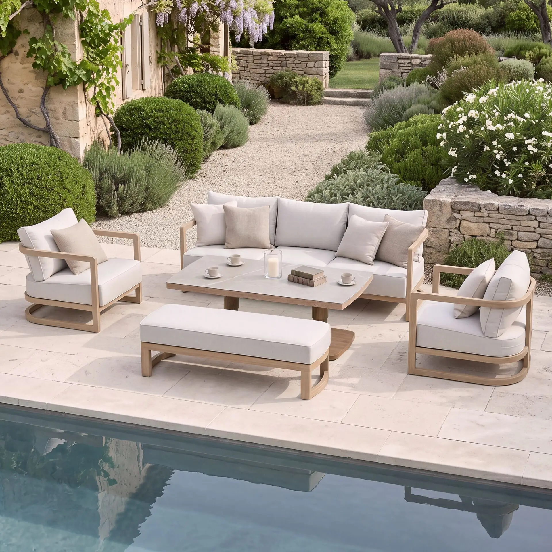 Malibu 3 Seat Aluminium Sofa Set - Rising Table & Bench