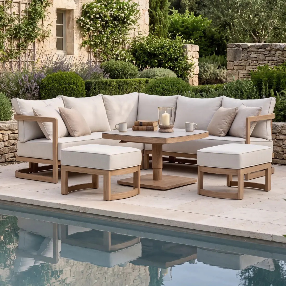 Malibu Square Aluminium Corner Dining Set - Rising Table & Footstools Malibu Square Aluminium Corner Dining Set - Rising Table & Footstools
