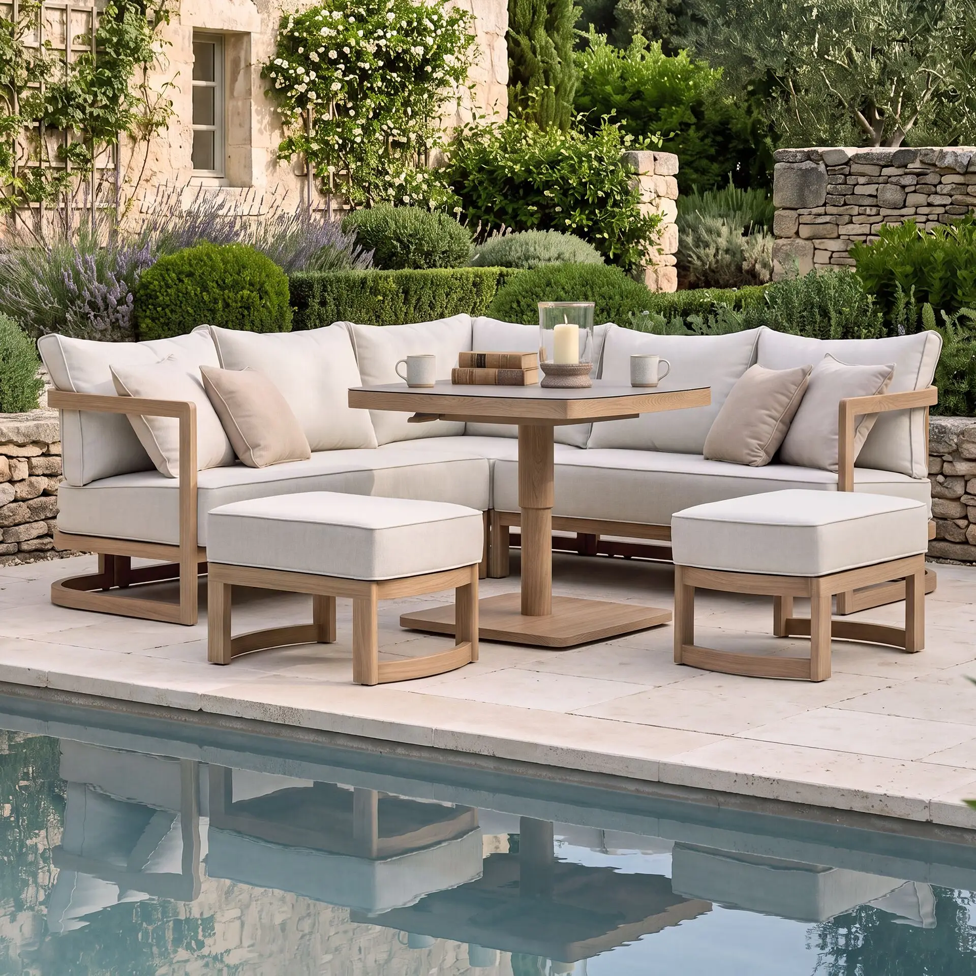 Malibu Square Aluminium Corner Dining Set - Rising Table & Footstools