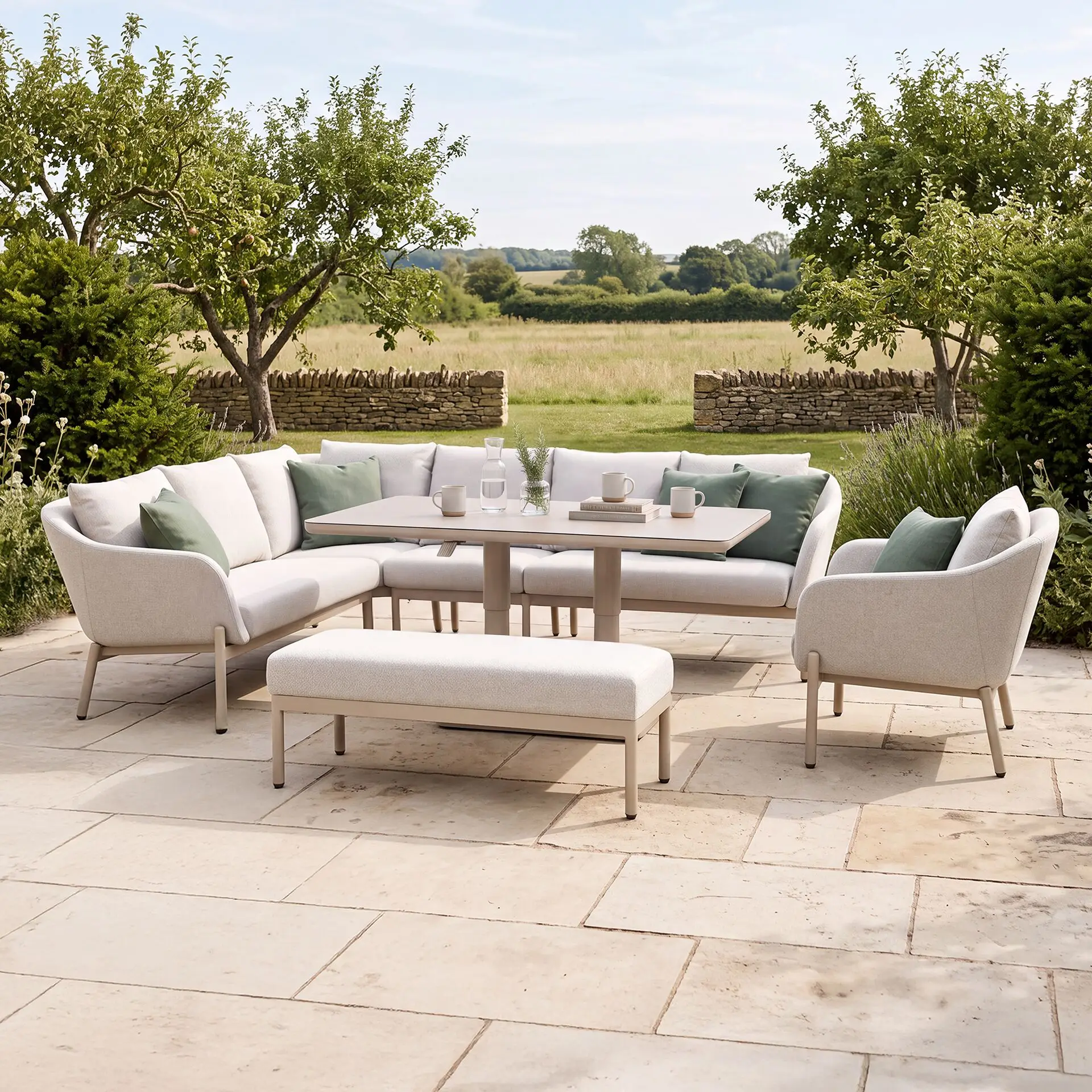 Bellagio Fabric Rectangular Corner Dining Set - Rising Table, Armchair & Bench