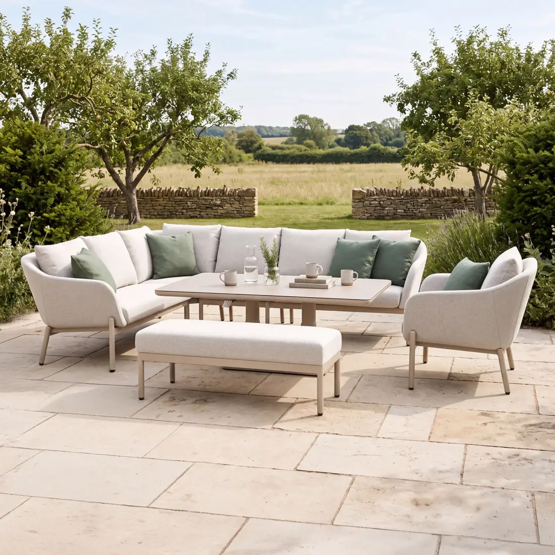 Bellagio Fabric Rectangular Corner Dining Set - Rising Table, Armchair & Bench Bellagio Fabric Rectangular Corner Dining Set - Rising Table, Armchair & Bench