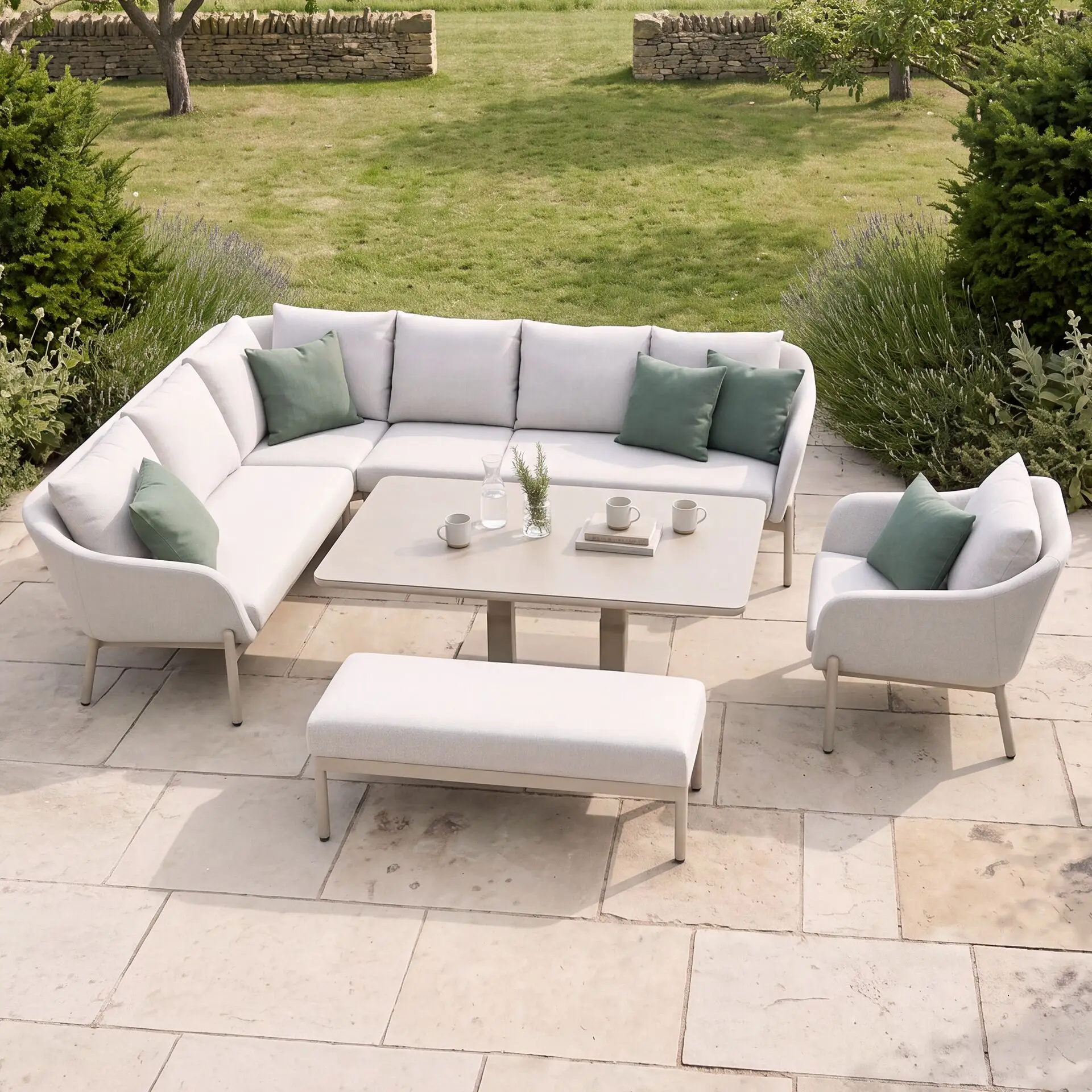 Bellagio Fabric Rectangular Corner Dining Set - Rising Table, Armchair & Bench