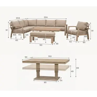 Leah Corner Dining Set Armchair & Bench - Adjustable Rising Table