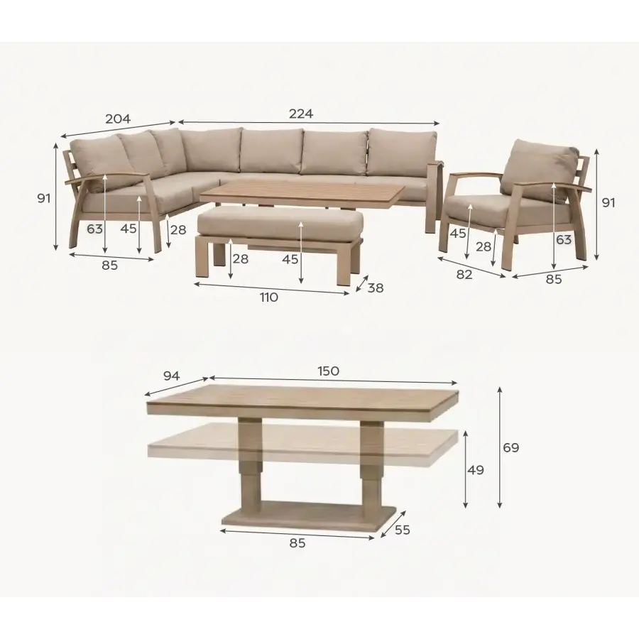 Leah Corner Dining Set Armchair & Bench - Adjustable Rising Table