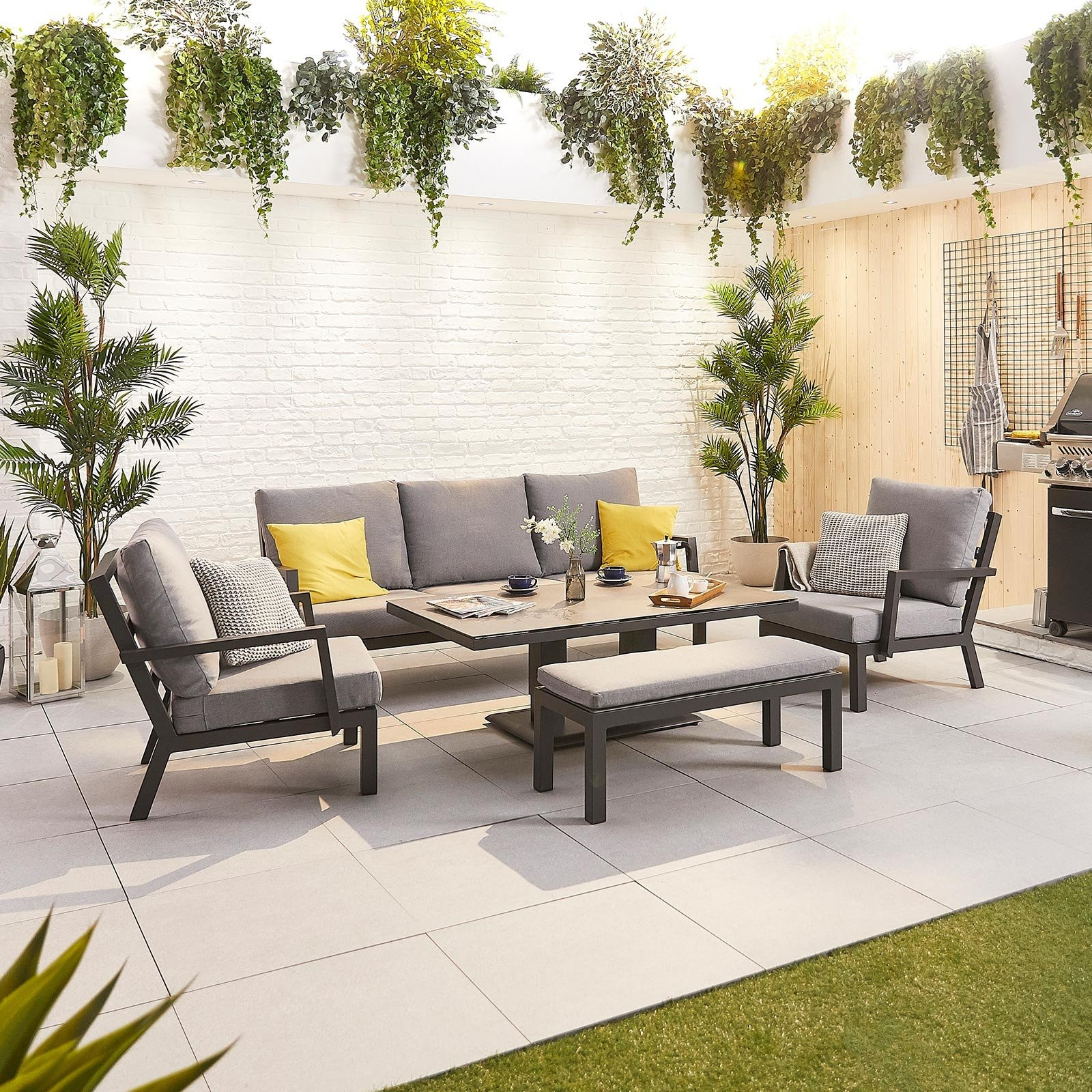 Vogue 3 Seater Aluminium Dining Set with 2 Armchairs & Bench - Adjustable Rising Table