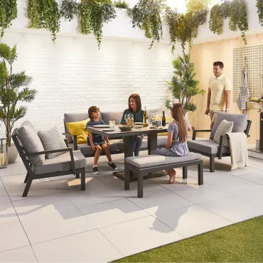 Vogue 3 Seater Aluminium Dining Set with 2 Armchairs & Bench - Adjustable Rising Table
