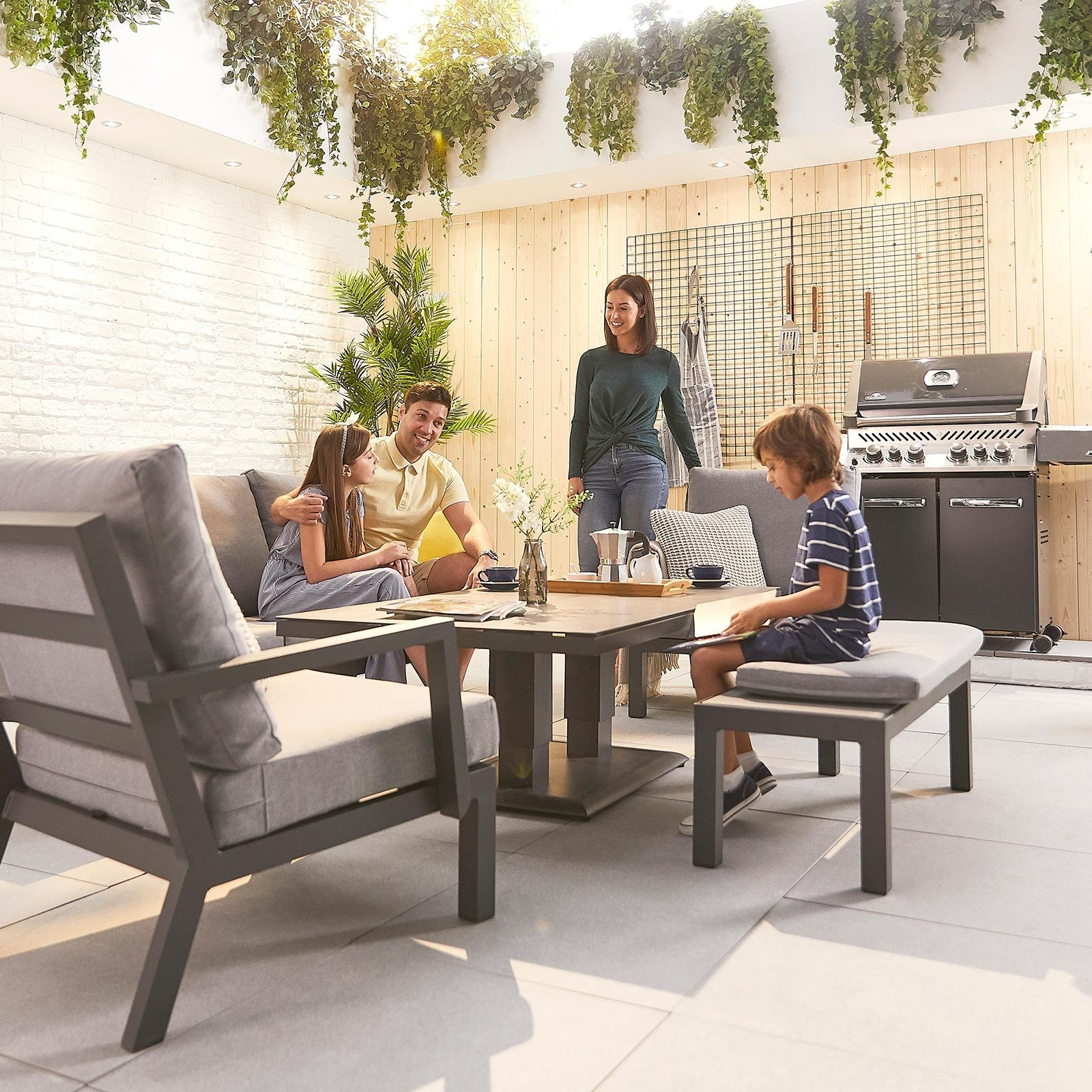 Vogue 3 Seater Aluminium Dining Set with 2 Armchairs & Bench - Adjustable Rising Table