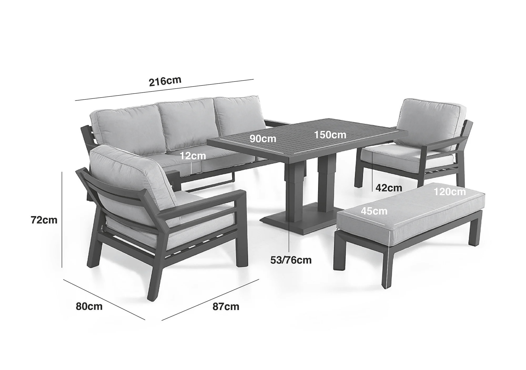 New York 3 Seat Sofa Aluminium Sofa Set - Rising Table & Bench
